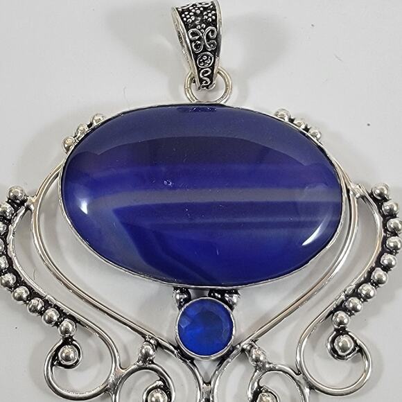 Blue Banded Agate Pendant – With Sapphire Quartz Accent + 20" Silver Chain - Picture 9 of 10